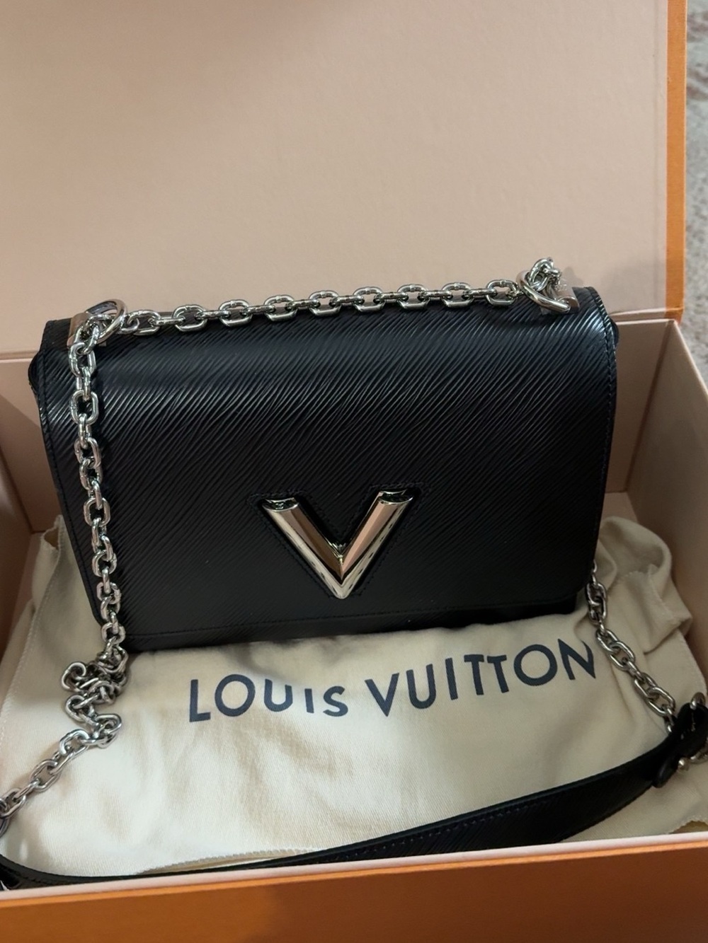Louis Vuitton Black Leather Shoulder Bag with Silver V Accent